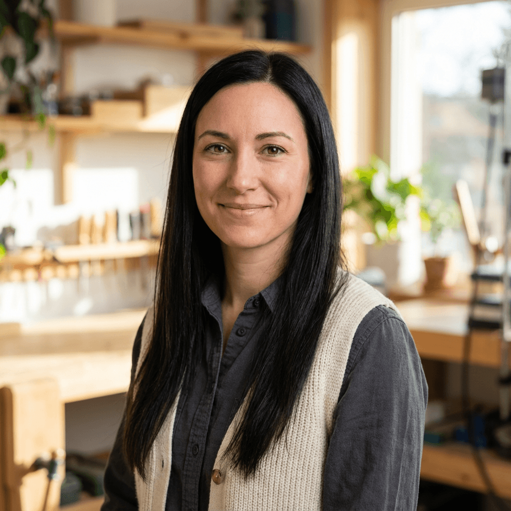 Smiling woman with long black hair in a sunlit workshop with tools and plants.