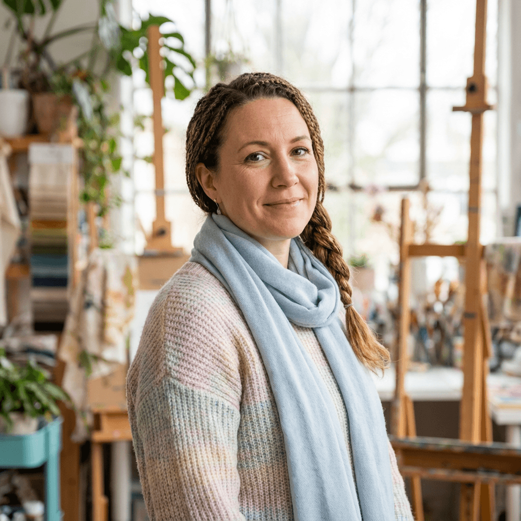 Smiling woman with braided hair wearing a pastel sweater and blue scarf in her studio.