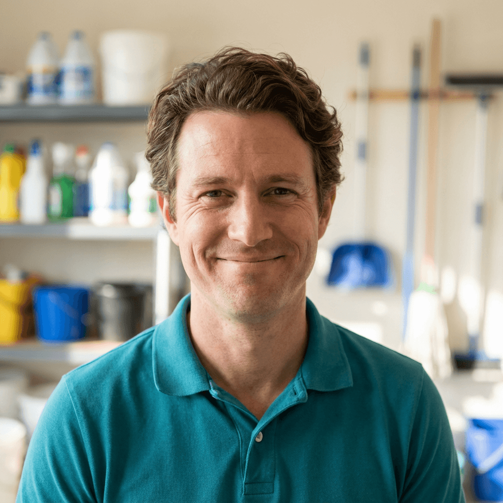 Smiling man in a teal polo shirt with cleaning supplies and tools in the background.