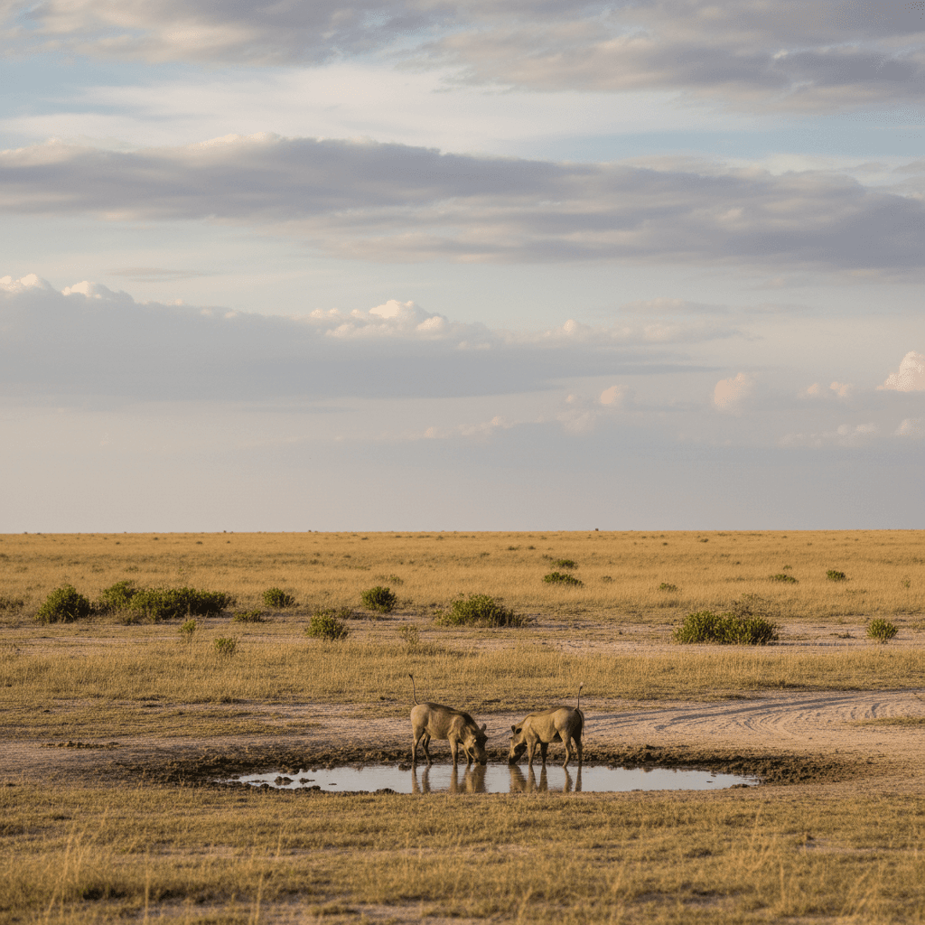 Warthogs near a rain puddle on the reserve