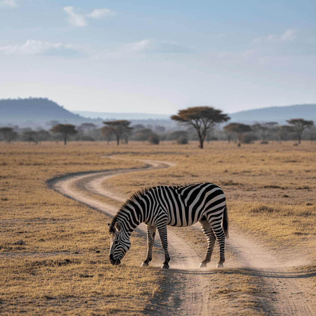 Zebra grazing near a game trail
