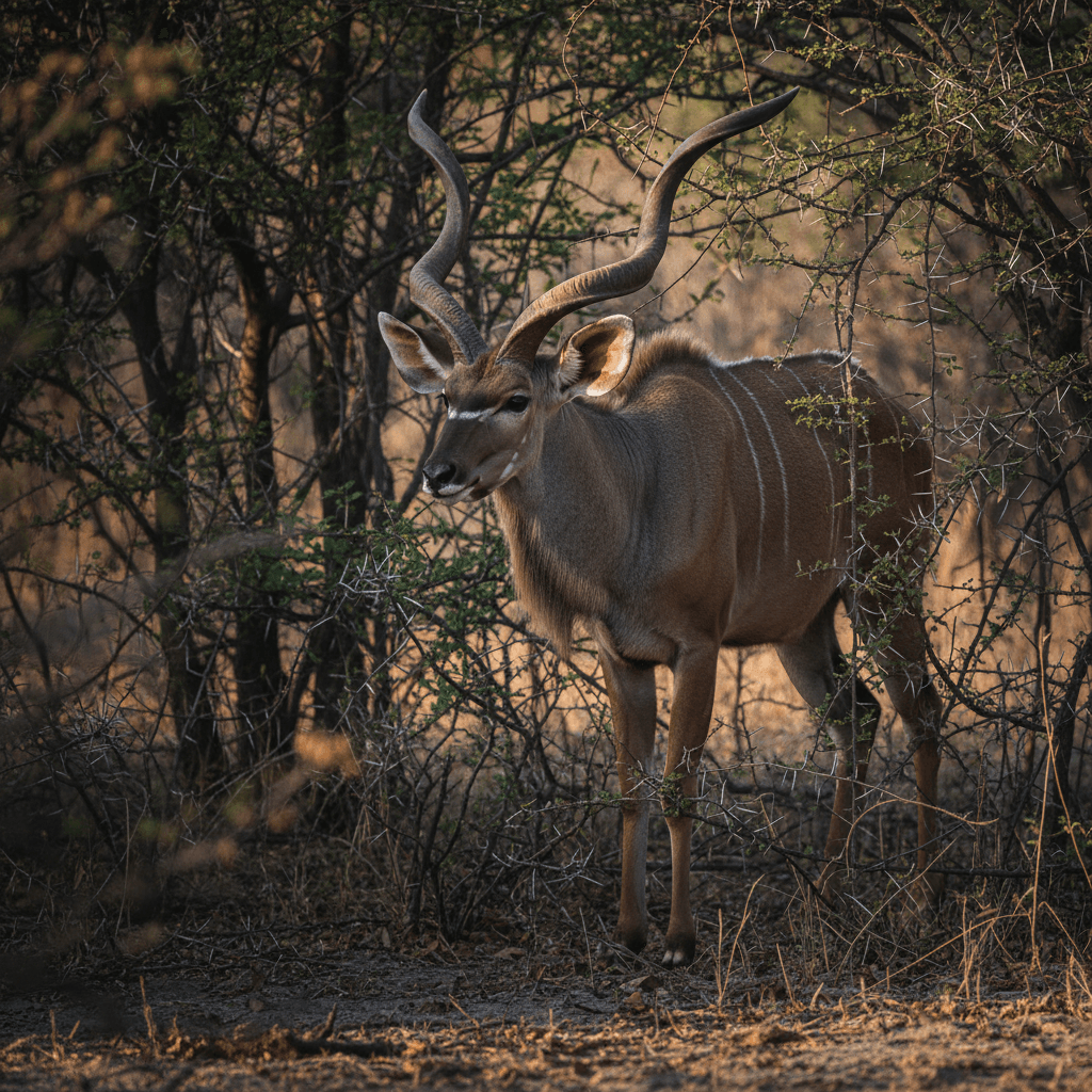 Greater kudu bull moving through thornbrush