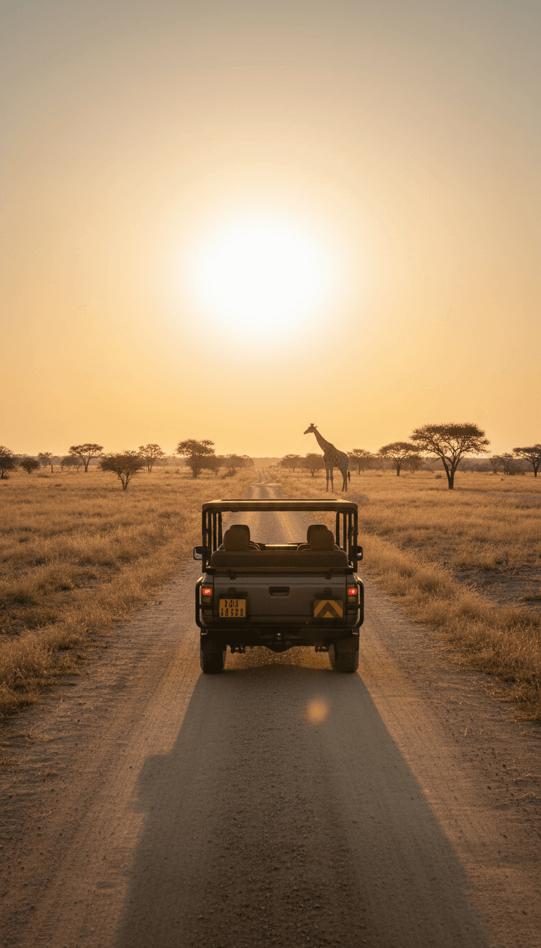 Open vehicle parked on a dusty farm road at sunset with a giraffe in the distance