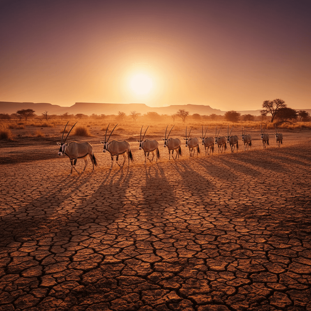 Herd of oryx crossing a dry riverbed at golden hour