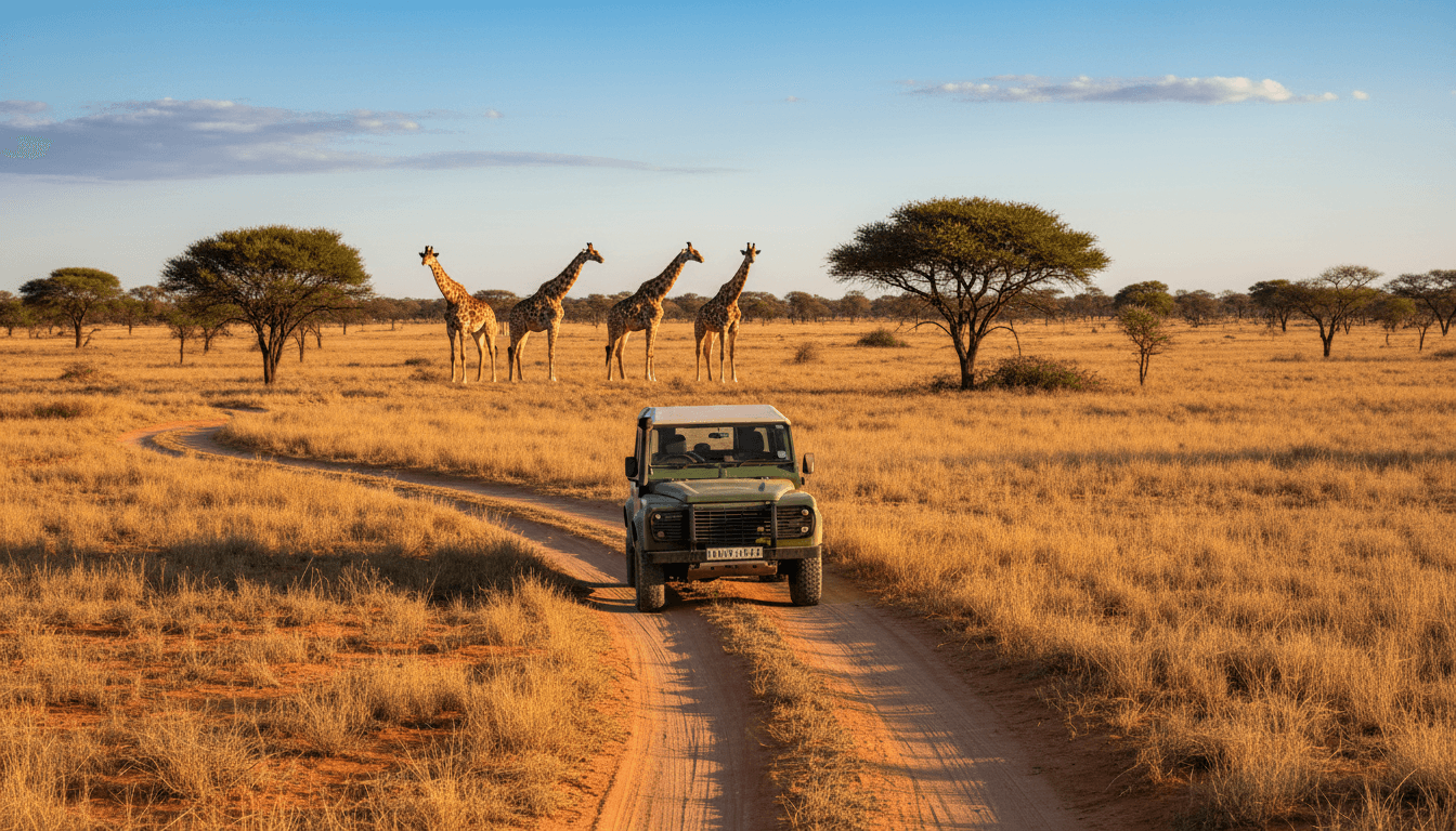 A 4x4 vehicle on a dusty trail with giraffes grazing in the distance on the Namibian savanna
