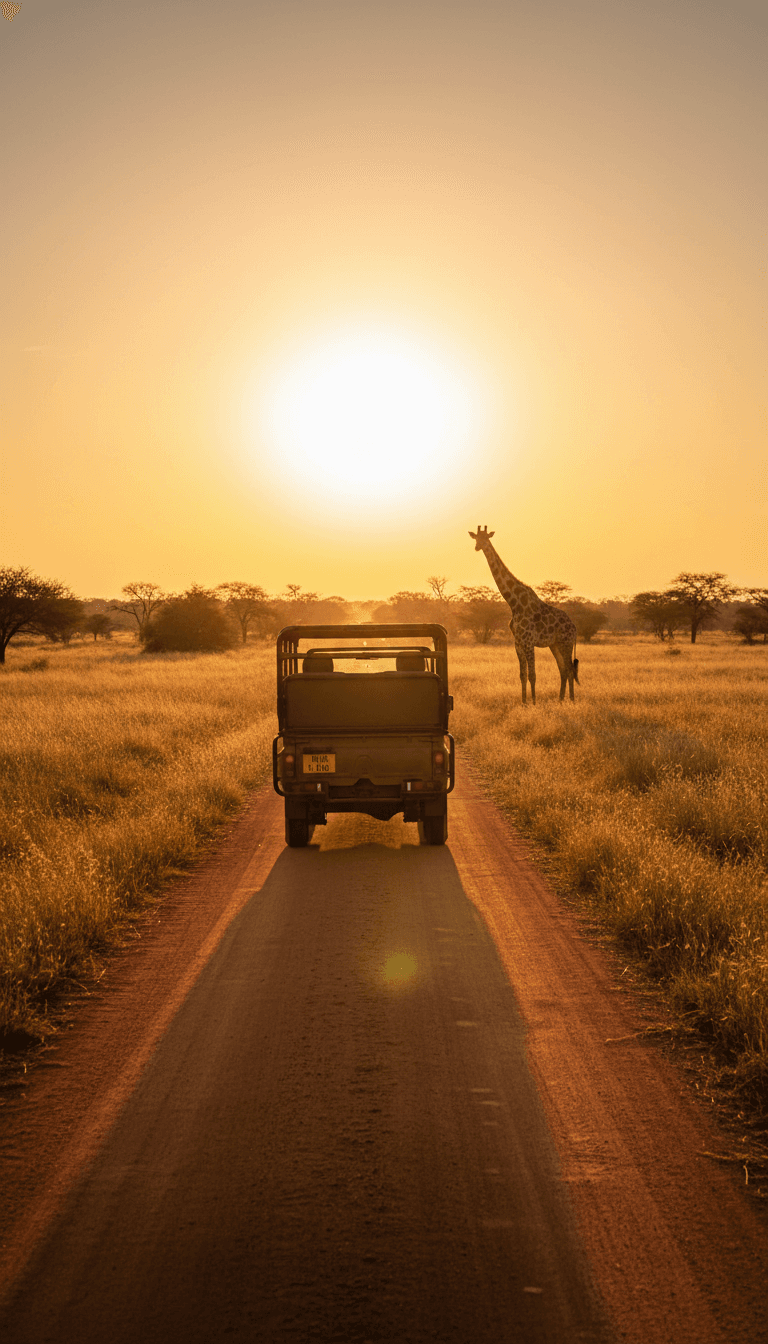 Open vehicle parked on a dusty farm road at sunset with a giraffe in the distance