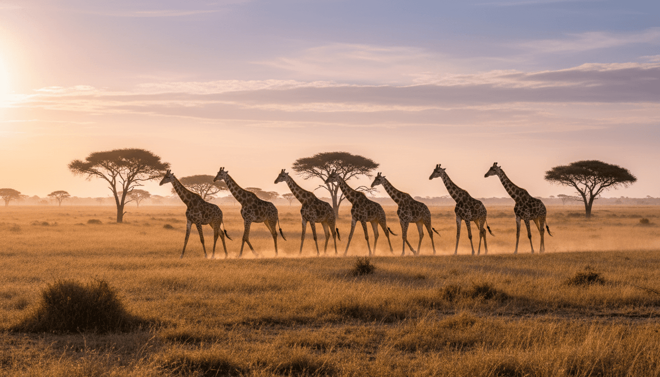 Giraffes crossing the open savanna at Farm Elkana at sunrise