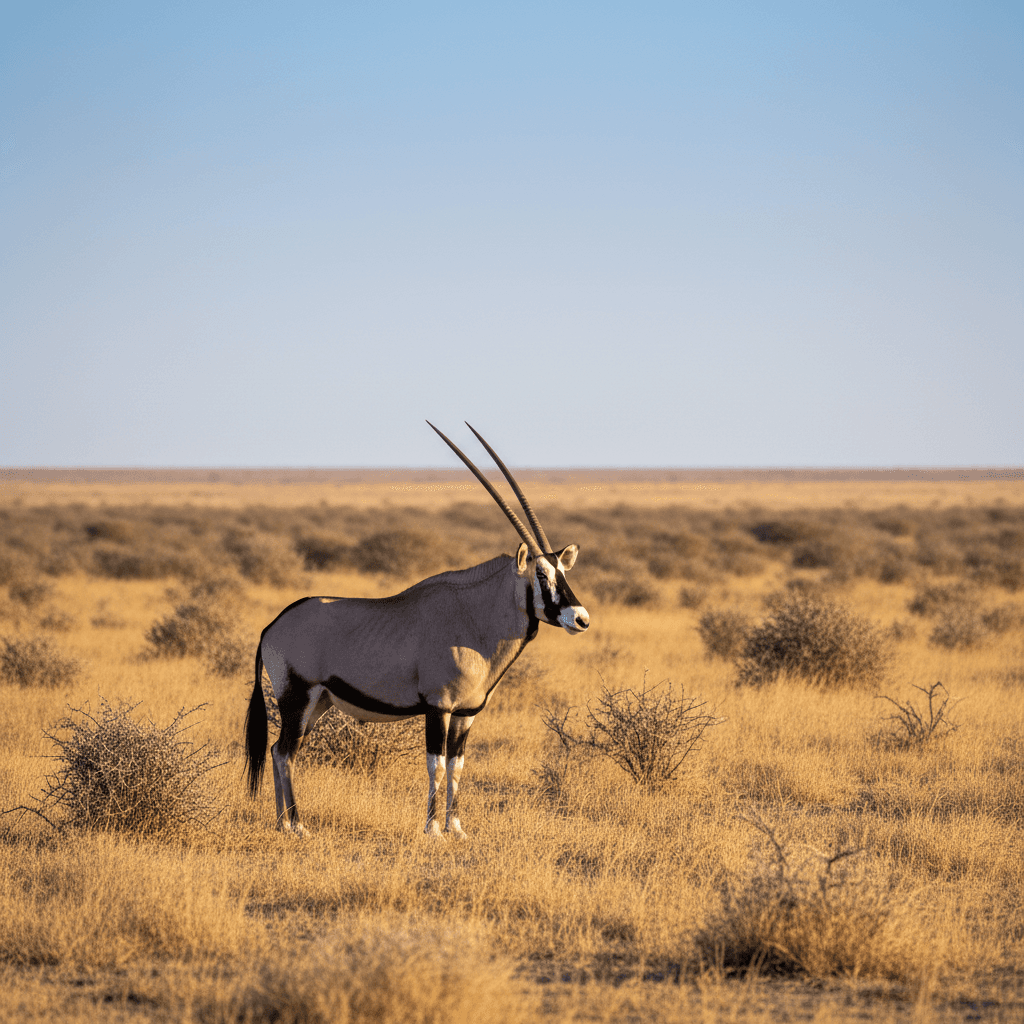 Herd of oryx crossing a dry riverbed at golden hour