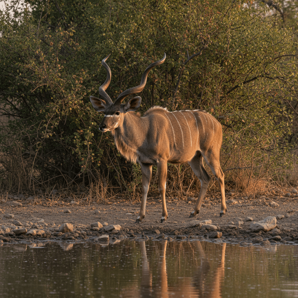 Male kudu with spiralled horns near the water