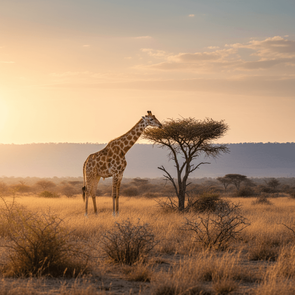 Giraffe feeding on acacia against a warm evening sky