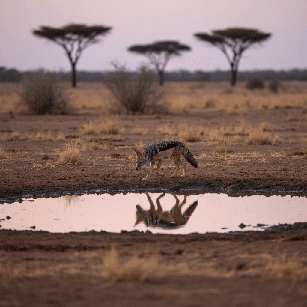 Black-backed jackal near a watering hole at dusk
